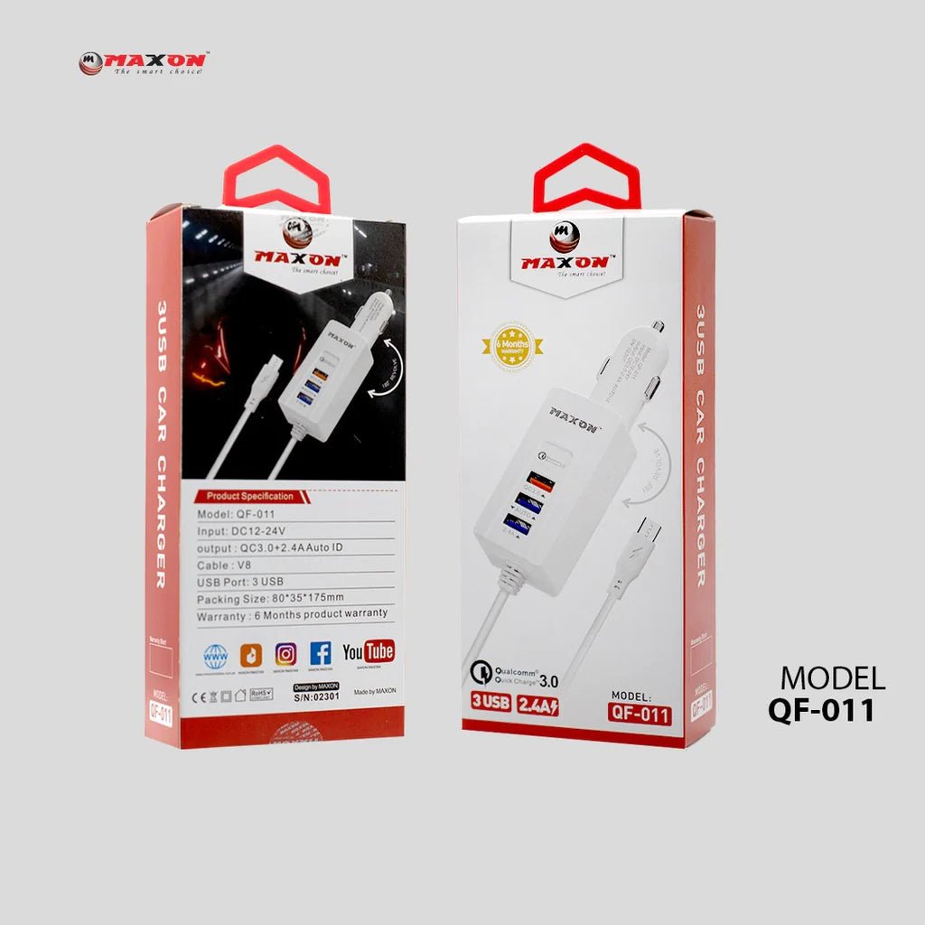 MAXON QF-011 Car Charger 3USB | QC 3.0 Quick Charge | 2.4A Auto ID | With V8 Cable | 180 Degree Adjustable | For Car, Truck, All Vehicles